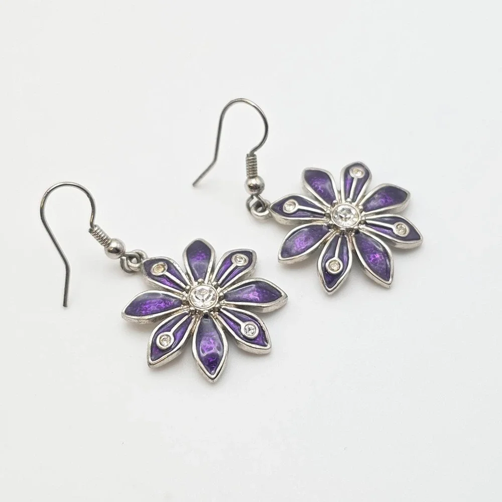 Signed C Earrings Purple Enamel Flower Clear Crystal Accents Dangle Silver‎ Tone